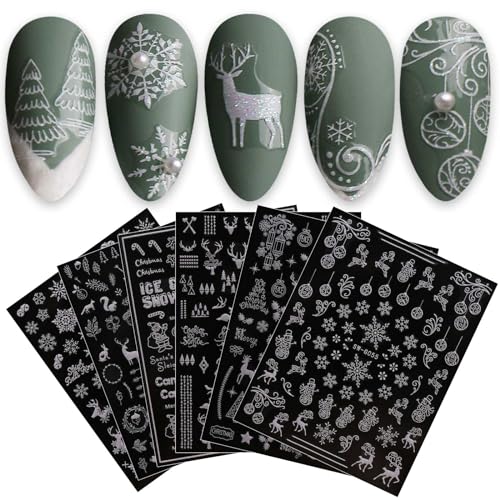 JMEOWIO Nagelsticker Weihnachten Glitzer 9 Blatt Nail Art Sticker Selbstklebend Nagelaufkleber Schneeflocke Weihnachten Winterurlaub Weiß Dekoration Nageldesign Zubehör von jmeowio