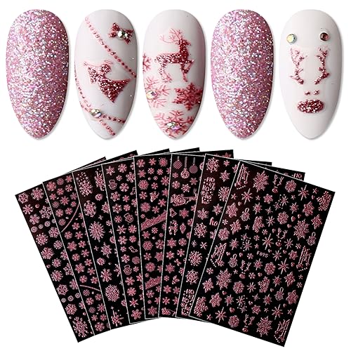 JMEOWIO Nagelsticker Weihnachts Glitzer 8 Blatt Nail Art Sticker Selbstklebend Nagelaufkleber Schneeflocke Winter Rosa Dekoration Nageldesign Zubehör von jmeowio