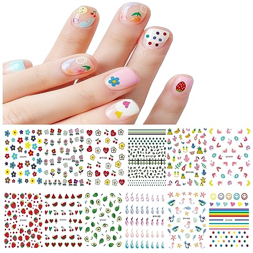 JMEOWIO Süße Nagelsticker Für Kinder 12 Blatt Nail Art Sticker Selbstklebend Nagelaufkleber Blumen Frucht Dekoration Nageldesign Zubehör von jmeowio