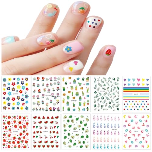 JMEOWIO Süße Nagelsticker Für Kinder 12 Blatt Nail Art Sticker Selbstklebend Nagelaufkleber Regenbogen Blumen Frucht Dekoration Nageldesign Zubehör von jmeowio