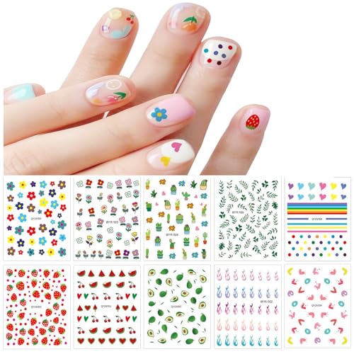 JMEOWIO Süße Nagelsticker Für Kinder 12 Blatt Nail Art Sticker Selbstklebend Nagelaufkleber Regenbogen Blumen Frucht Dekoration Nageldesign Zubehör von jmeowio