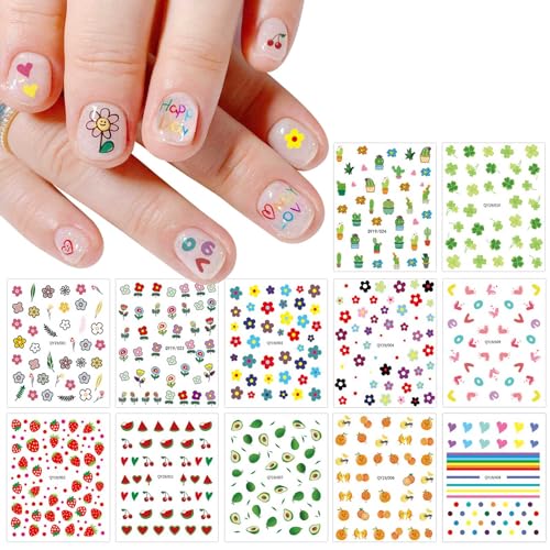 JMEOWIO Süße Nagelsticker Für Kinder 14 Blatt Nail Art Sticker Selbstklebend Nagelaufkleber Regenbogen Blumen Frucht Dekoration Nageldesign Zubehör von jmeowio