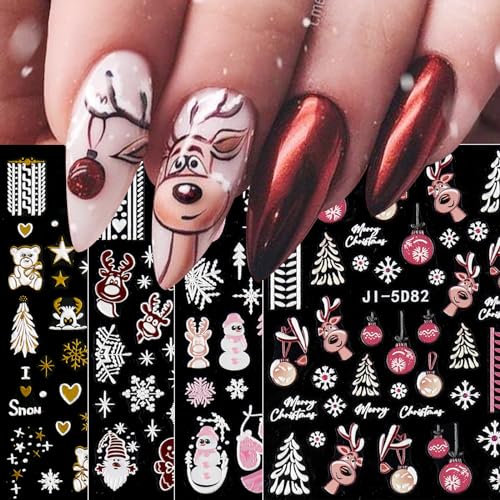 jmeowio 3D Nagelsticker Weihnachten Nail Art Sticker Selbstklebend Nagelaufkleber 5D Stereoskopisch Schneeflocken Winterurlaub Niedlich Dekoration Nageldesign Zubehör 4 Blatt von jmeowio