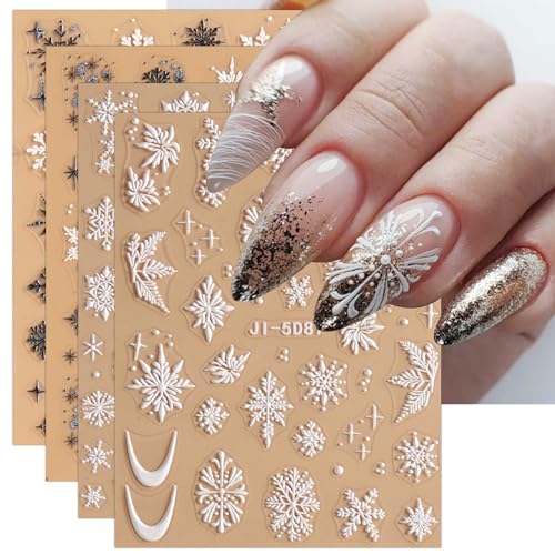 jmeowio 3D Nagelsticker Weihnachten Nail Art Sticker Selbstklebend Nagelaufkleber 5D Stereoskopisch Schneeflocken Winterurlaub Niedlich Dekoration Nageldesign Zubehör 4 Blatt von jmeowio