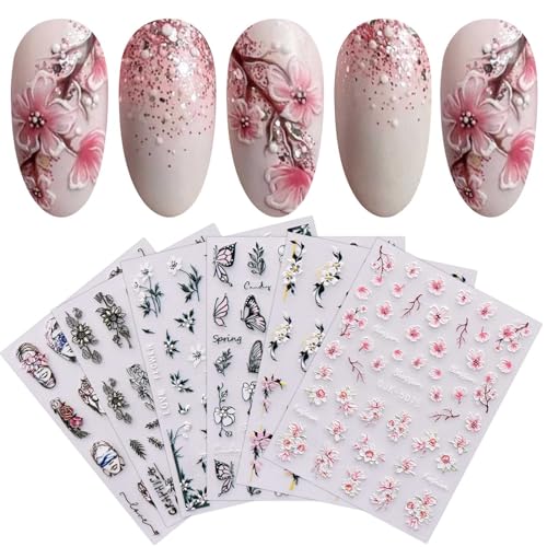 jmeowio 6 Blatt 3D Nagelsticker Frühlings Blume Nail Art Sticker Selbstklebend Nagelaufkleber 5D Stereoskopisch Bunte Sommer Blumen Dekoration Nageldesign Zubehör von jmeowio