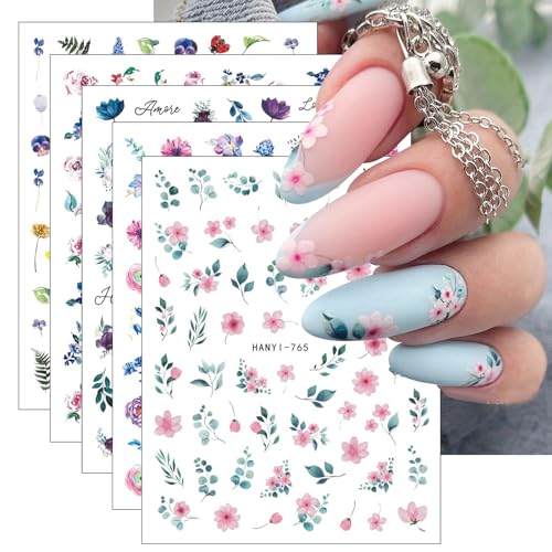 jmeowio Nagelsticker Blume Blätter 9 Blatt Nail Art Sticker Selbstklebend Nagelaufkleber Frühlings Sommer Blumen Dekoration Nageldesign Zubehör von jmeowio