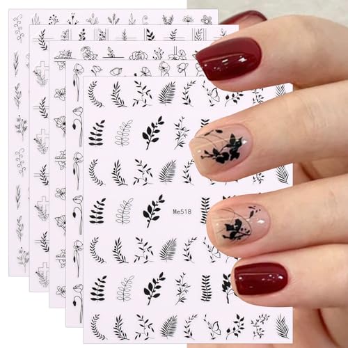 jmeowio Nagelsticker Blumen 12 Blatt Nail Art Sticker Selbstklebend Nagelaufkleber Schwarzes Blume Dekoration Nageldesign Zubehör von jmeowio