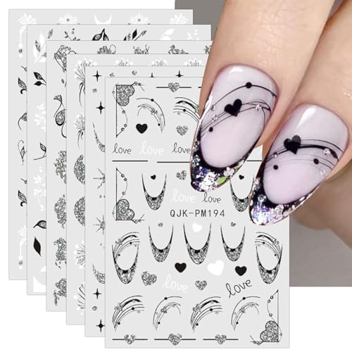 jmeowio Nagelsticker Glitzer Herz Französischspitze 10 Blatt Nail Art Sticker Selbstklebend Nagelaufkleber Schwarz Weiss Dekoration Nageldesign Zubehör von jmeowio