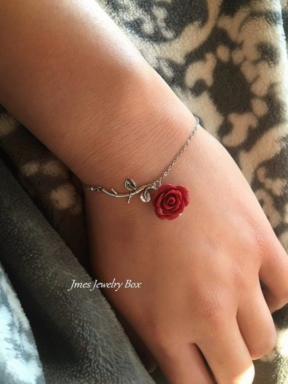 Die Schöne Und Das Biest Armband Silber Zweig Rote Rose Armband, Rote Tiny Die Schöne Und Das Biest Armband Silber Zweig Rote Rose Armband, Rote Tiny von jmesjewelrybox