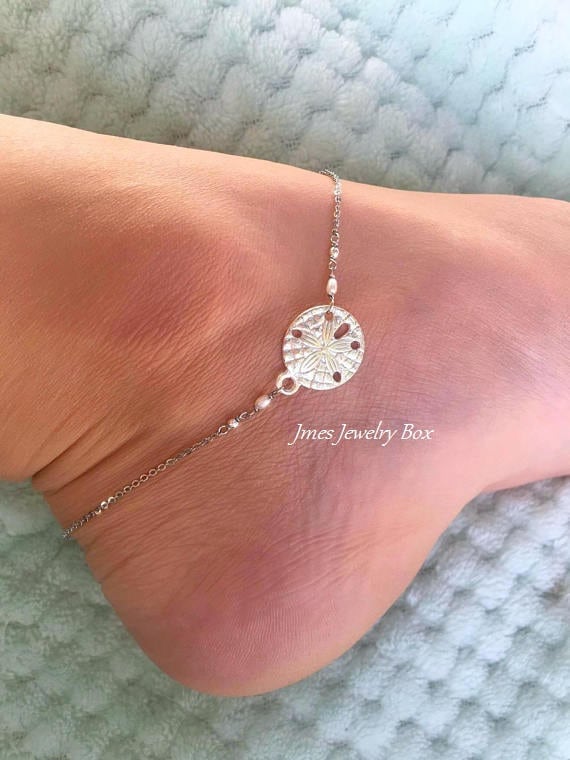 Kleine Sanddollar-Fußkettchen Mit Winzigen Süßwasserperlen, Zierliche Sanddollar-Fußkettchen von jmesjewelrybox