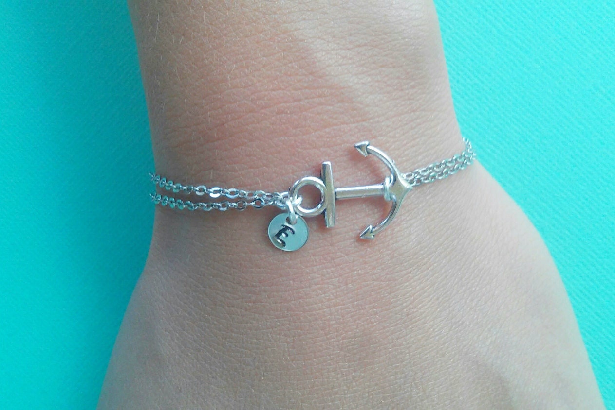 Silber Anker Armband Mit Initiale, Doppelkette Armband, Kleines Silber Silber Anker Armband Mit Initiale, Doppelkette Armband, Kleines Silber von jmesjewelrybox
