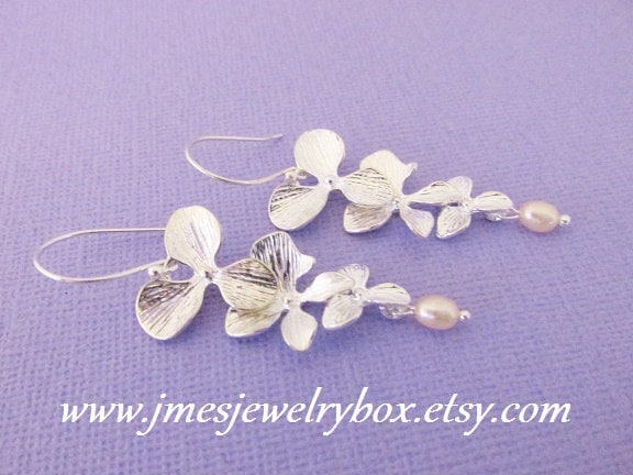 Silber Fallende Orchidee Ohrringe, Blumen Ohrringe Mit Perlen, Baumeln Silber Fallende Orchidee Ohrringe, Blumen Ohrringe Mit Perlen, Baumeln von jmesjewelrybox