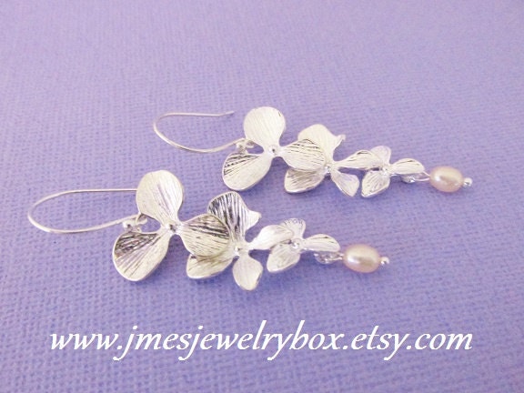 Silber Fallende Orchidee Ohrringe, Blumen Ohrringe Mit Perlen, Baumeln Silber Fallende Orchidee Ohrringe, Blumen Ohrringe Mit Perlen, Baumeln von jmesjewelrybox
