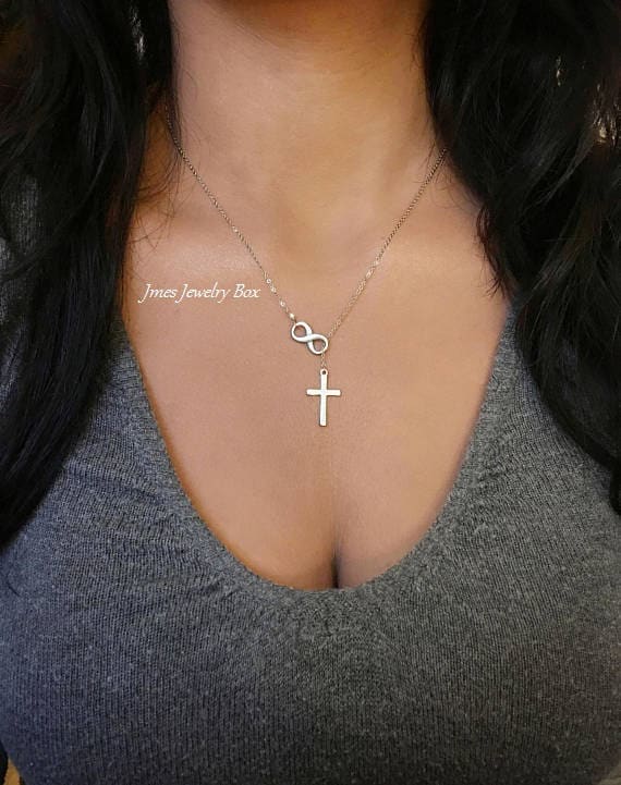Silber Kreuz Und Unendlichkeit Lariat Halskette, Infinity Lariat, Glaube Halskette Silber Kreuz Und Unendlichkeit Lariat Halskette, Infinity Lariat, Glaube Halskette von jmesjewelrybox