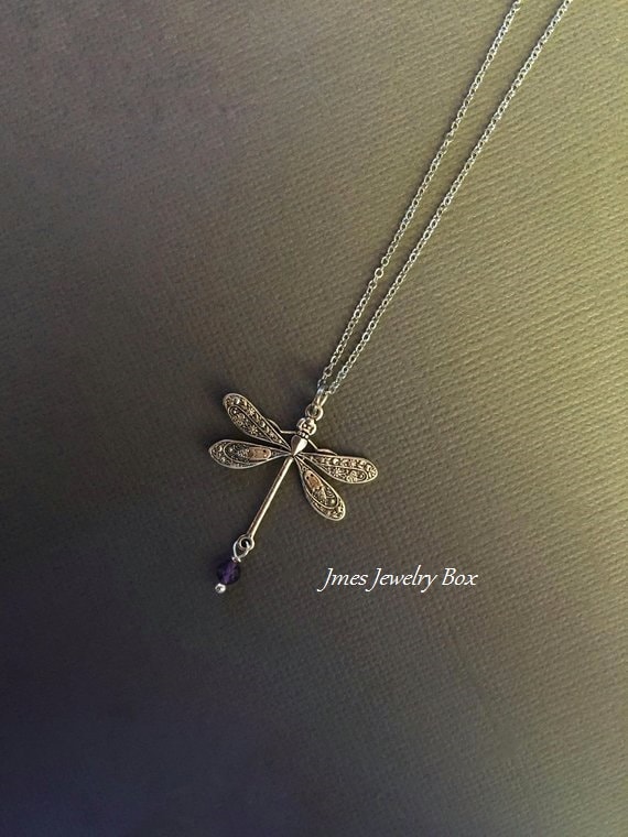 Silber Libelle Halskette Mit Amethyst, Anhänger, Insekt Halskette, Insekten Schmuck, Schmuck von jmesjewelrybox