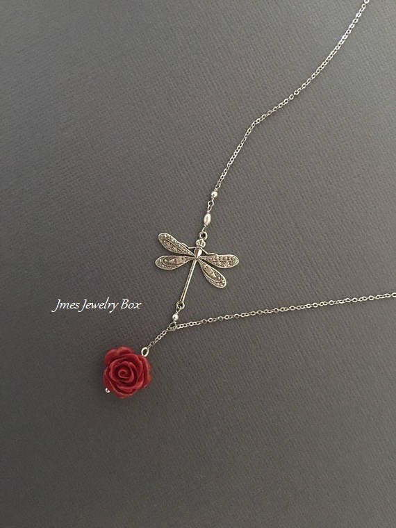 Silber Libelle Und Rote Rose Lariat Halskette, Halskette Silber Libelle Und Rote Rose Lariat Halskette, Halskette von jmesjewelrybox