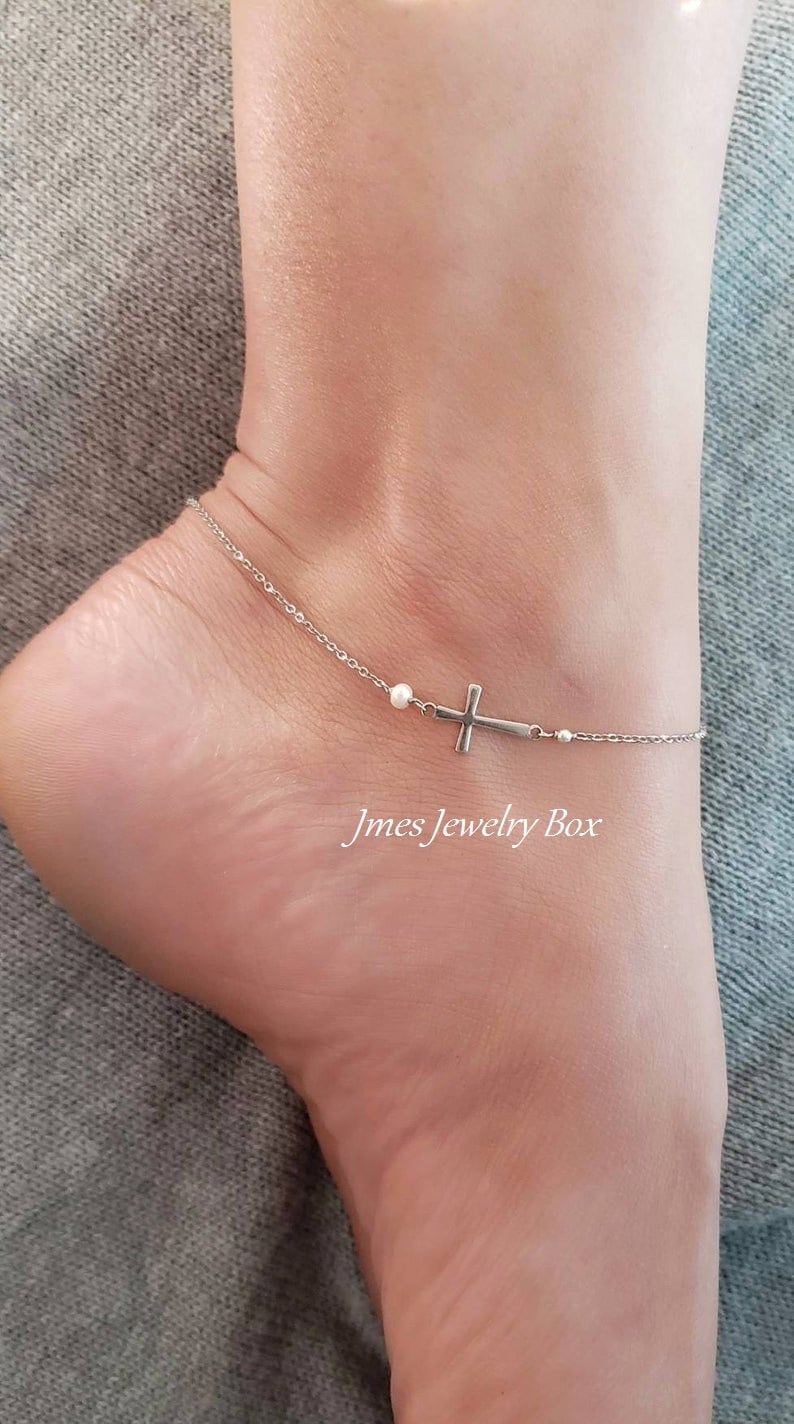 Zierliches Silbernes Seitliches Kreuz Fußkettchen Mit Winziger Süßwasserperle, Kleines Fußkettchen, Silber von jmesjewelrybox