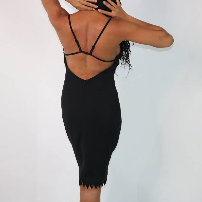 80S Schwarzes Cocktailkleid Kreuz Rücken Offen, Perlenfransen von jmichaelvintage