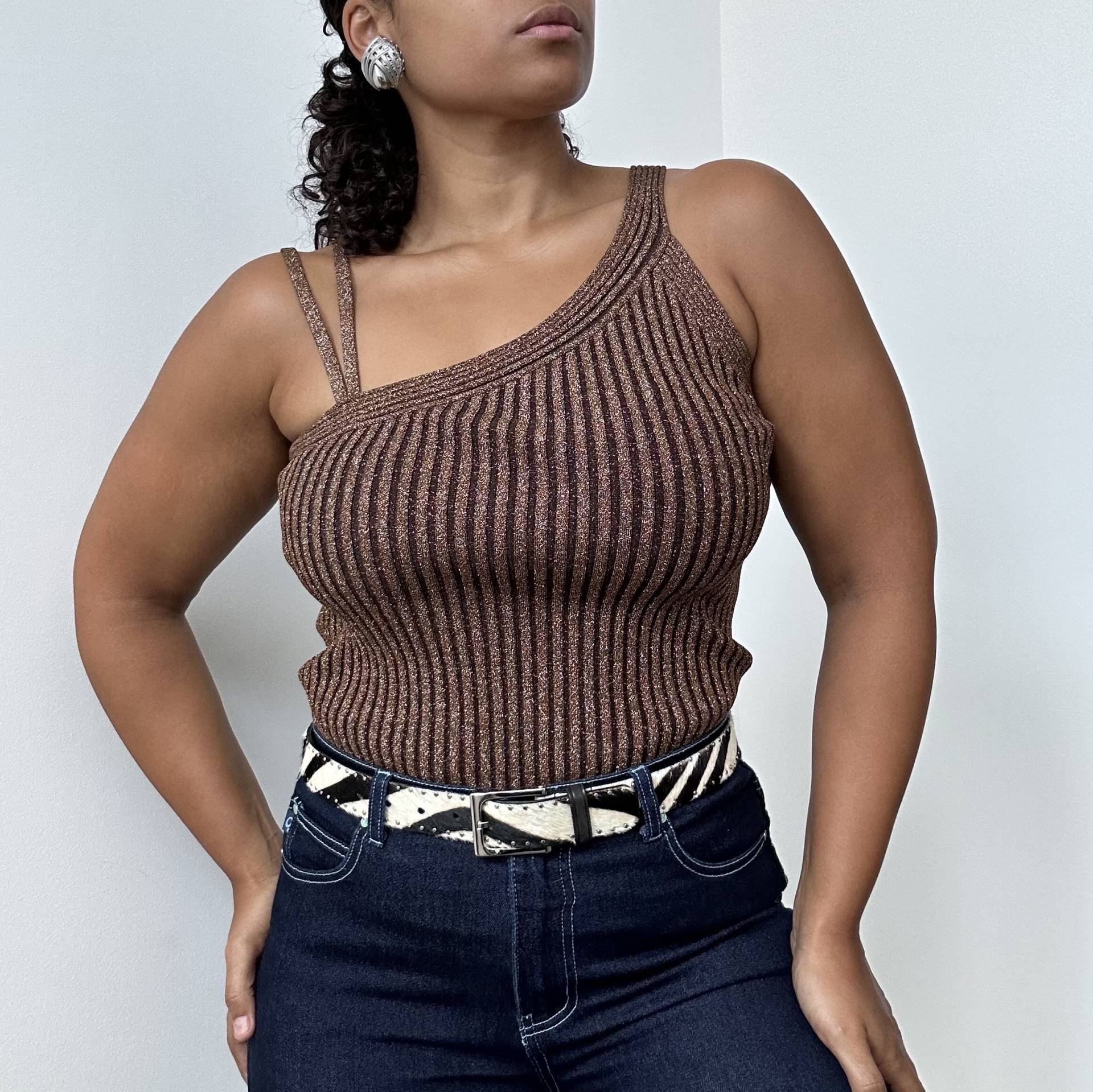 90Er Jahre Caché Metallic Tank Bronze One Shoulder Gerippt Strick, Medium von jmichaelvintage