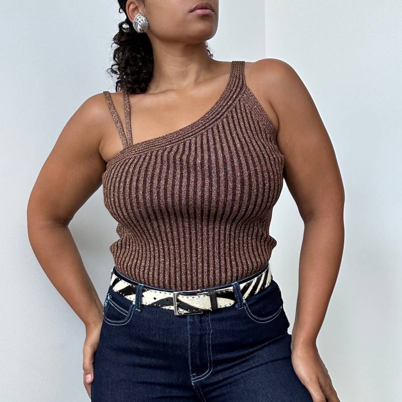 90Er Jahre Caché Metallic Tank Bronze One Shoulder Gerippt Strick, Medium von jmichaelvintage