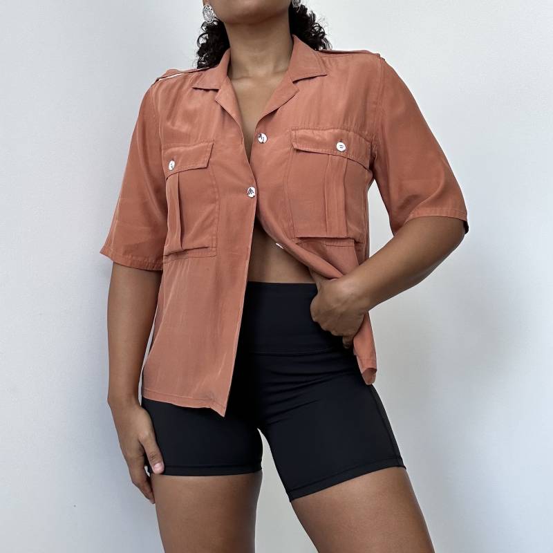 90Er Jahre Seidenbluse | Safari Seide Button Up Gebrannte Orange Größe 4 Medium Large von jmichaelvintage