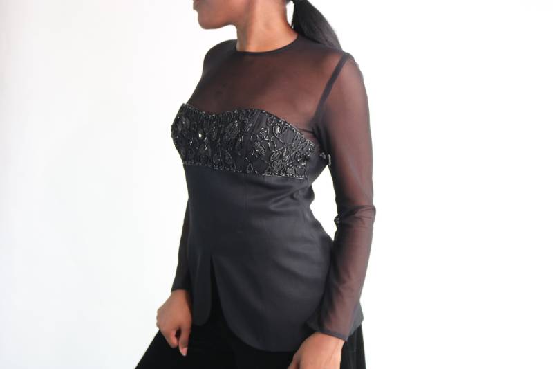 90S Paillettenbluse Vintage Schwarzes Schößchen Top von jmichaelvintage