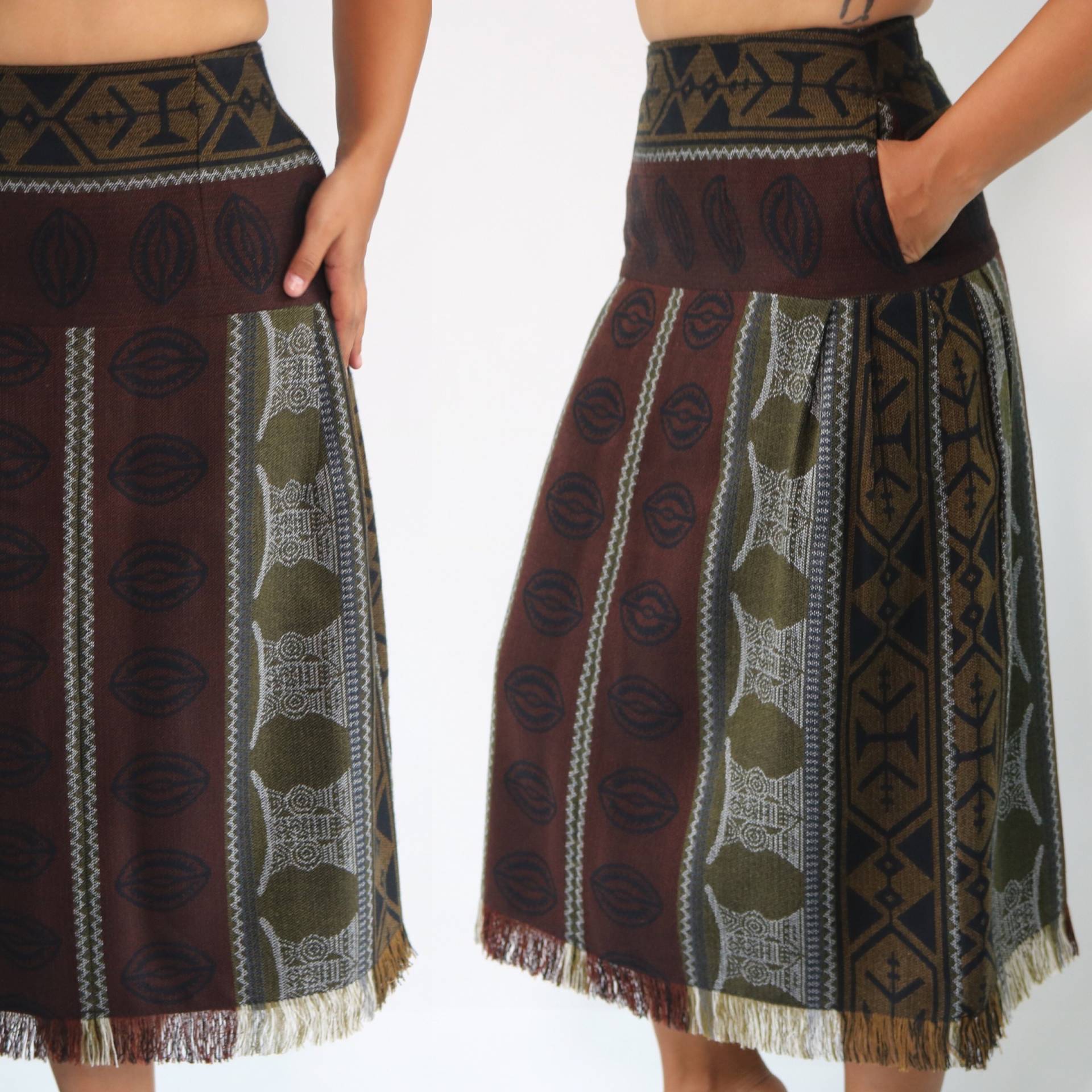 Handgefertigte Wolle Fransen Rock Boho Erdtöne Mit Hoher Taille, Medium von jmichaelvintage