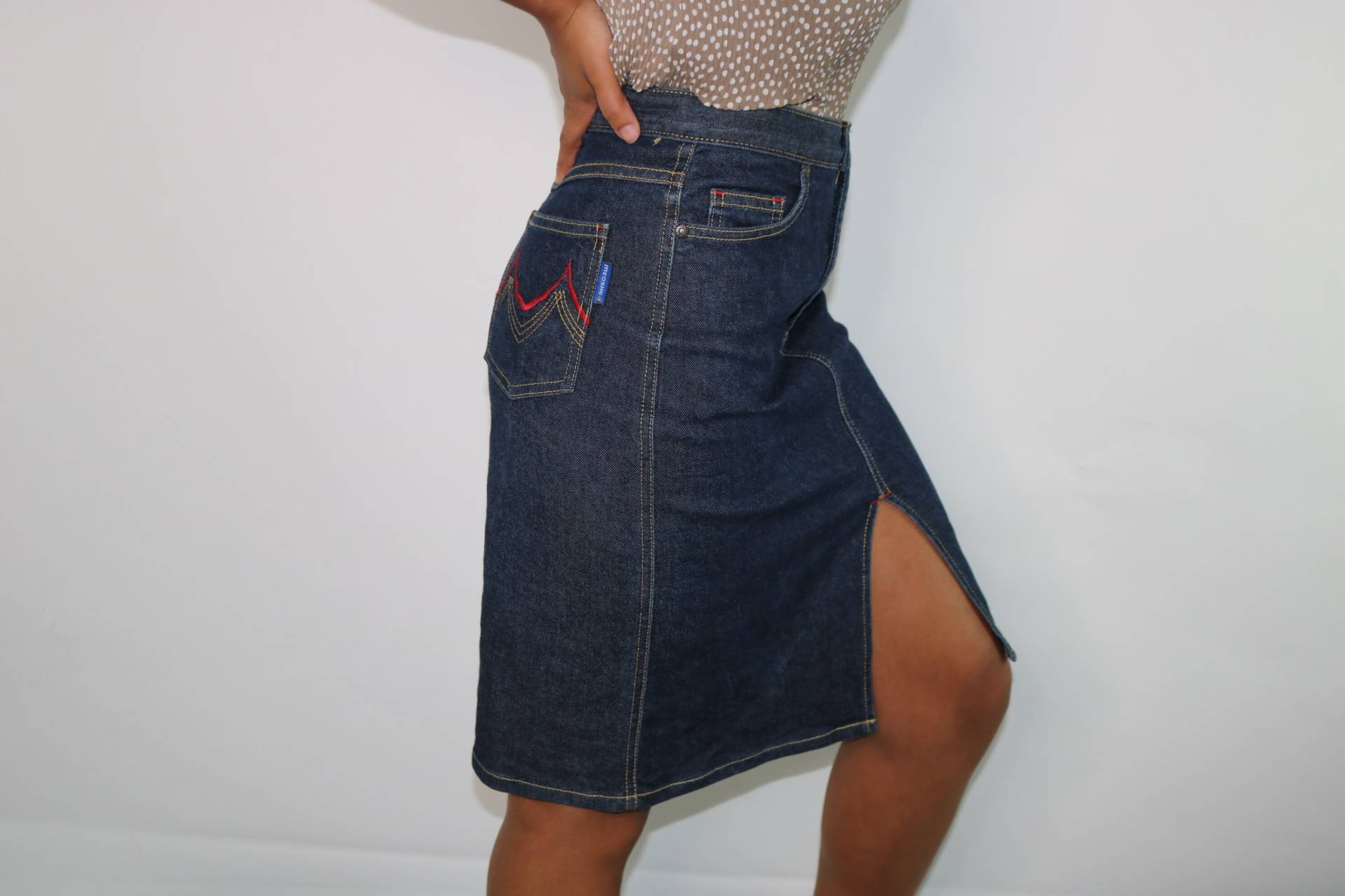 Medium 9/10 90Er Jahre Front Schlitz Dunklen Denim Rock Bestickt Hintertaschen von jmichaelvintage