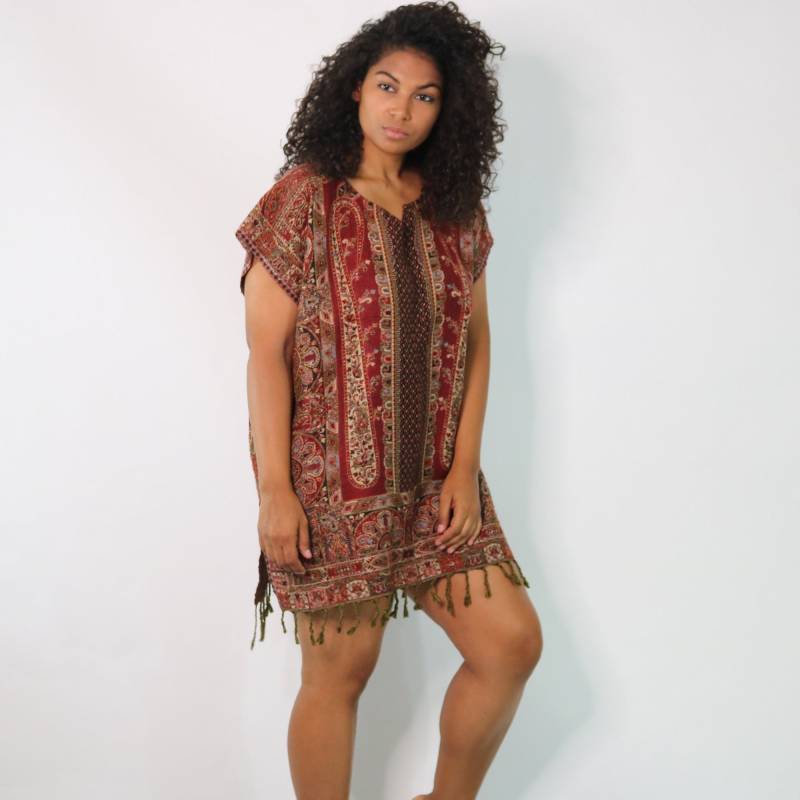 Vintage 70Er Jahre Seide Tunika Kleid Boho Fransen Poncho von jmichaelvintage