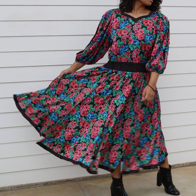 Vintage 80Er Jahre Diane Frés Blumen Kleid | Rocailles Perlenzier von jmichaelvintage