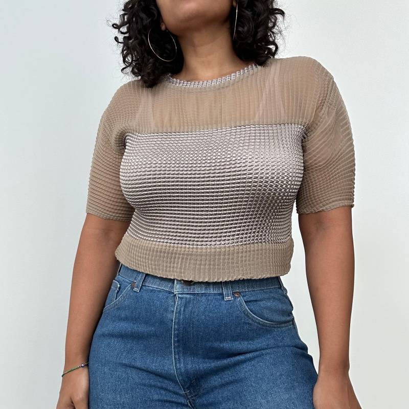 Y2K Caché Bluse | Taupe Schiere Plissee Mittelgroß von jmichaelvintage