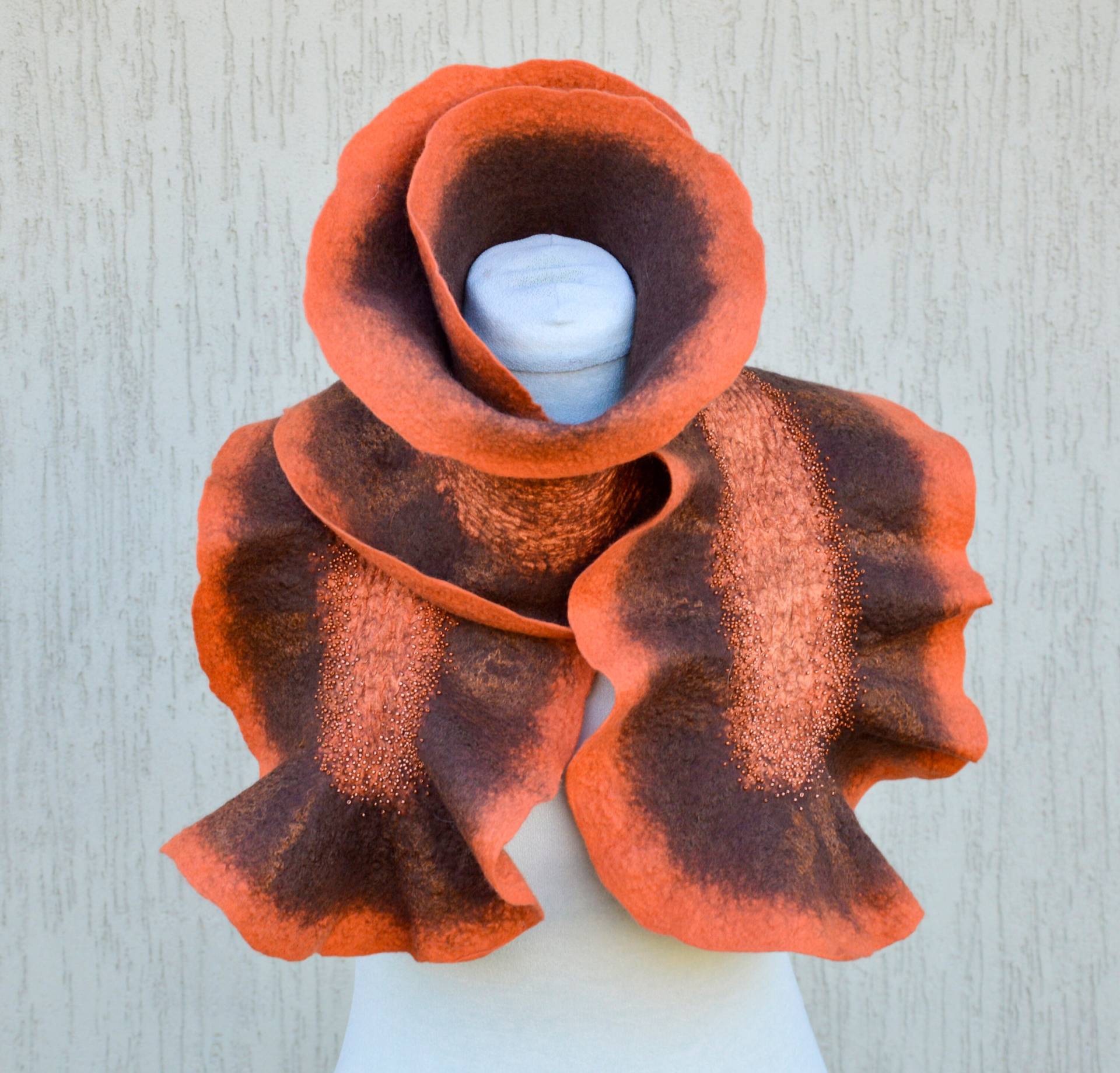 Orange Braun Seide Gefilzt Schal, Gefilzte Schal Kragen, Wolle Rüschen Wickeln von joboba123