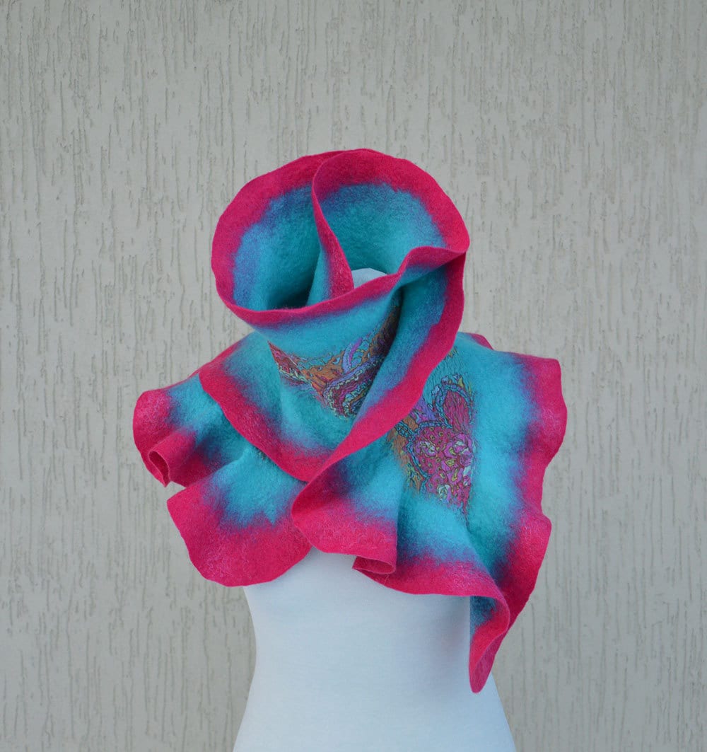 stilvolle Frau Schal Nuno Gefilzt Bunte Floral Wickeln Merino Wolle Rüschen Boa Kragen Blau Rosa Orange von joboba123