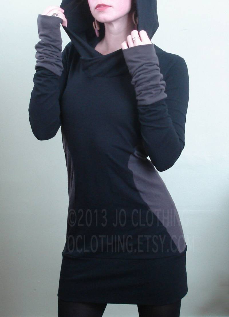 Extra Langärmeliges Kapuzen-Tunika-Kleid Schwarz/Zement-Farbblockseiten von joclothing