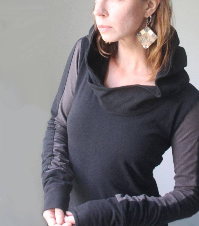 Extra Langärmeliges Kapuzenoberteil/Damen Schwarz Mit Zementgrau von joclothing