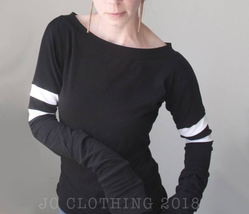 U-Boot-Ausschnitt Mit Extra Langen Ärmeln/Schwarz Weißen Streifen Frauen-Jersey-Oberteil von joclothing