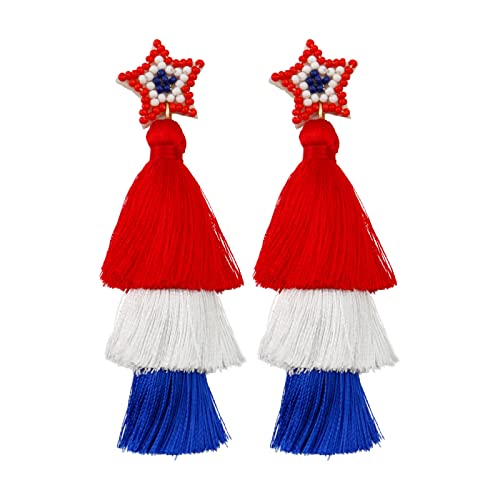 Retro National Independence Day Ohrringe Handgewebte Rot Blau Und Weiß Fünffachen Star Quaste Fünf Punkte Star Quaste Hand Gewebter Für Frauen von jojnsha