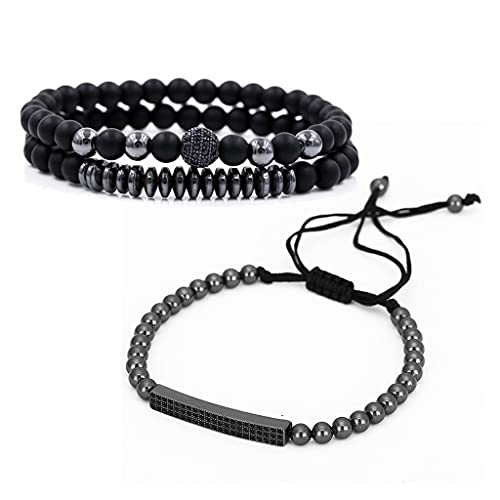jojnsha 3-teiliges Set, männliche Naturstein-Kupferperlen, Armreifen, verstellbare Größe, schwarzes Seil, flache Armreifen, Herren-Armbänder, schwarzes Set, Großpackung von jojnsha