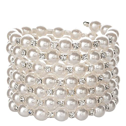 jojnsha Gold/Silber Perlenarmband Mit Kristallen Und Funkelnden Diamanten Perle Elastic Armband-7 Reihen Art Deco Brautschmuck Mehrschichtige Armbänder Für Frauen von jojnsha