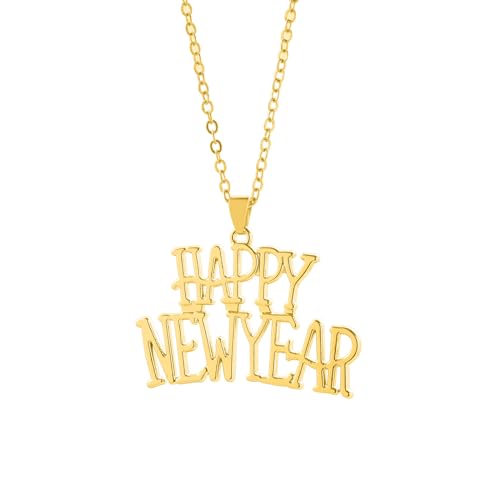 jojnsha Halskette mit Anhänger "Happy New Year", Metall, hohl, baumelnde Ohrringe, süße, coole Schlüsselbeinkette, einfacher Statement-Schmuck, Neujahrsanhänger, Halskette, Mädchen, Gold, Wie von jojnsha