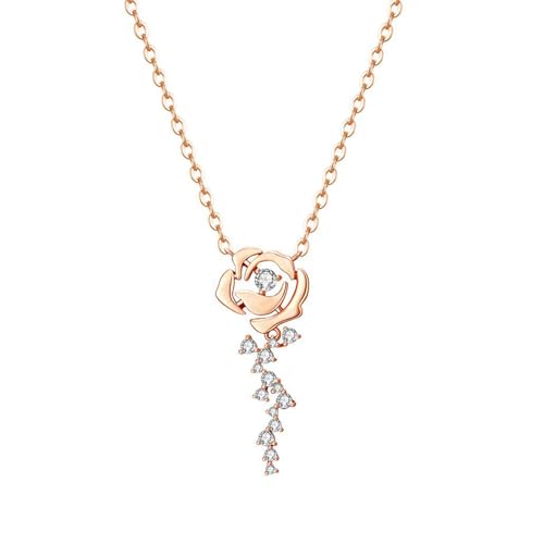 jojnsha Novel Simple Diamonds Rose Flower Pendant All-matched Clavicle Chain Adjustable Long Chain Cold Metal Necklace von jojnsha