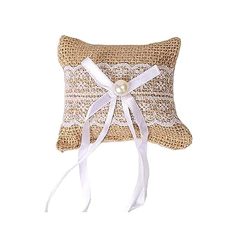 jojnsha Romantics Spitze Eheringe Kissen Rustiker Rastiker Sackleinen Kissen Strandringe Träger Bowknot Perlringe Kissen Frauen Frauen von jojnsha