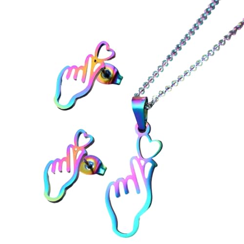 jojnsha Stilvolle Handherz-Gesten-Schmuck-Halskette und Ohrstecker, Edelstahl-Textur, für Mode-Enthusiasten, Geschenk, modische Handherz-Ohrringe, Halskette, Einheitsgröße, Wie beschrieben, Wie von jojnsha