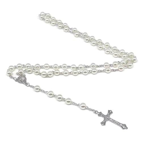jojnsha Unisex Perlen Weiß/schwarzer Kette Halskette Legierung Große Detaillierte Kreuze Anhänger Religiöser Symbol Ketten Accessoire Perlen Kette Halskette von jojnsha
