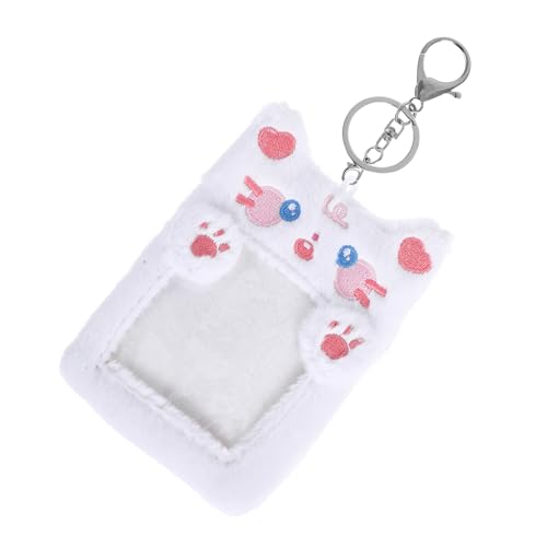 jojofuny Hängender Kartenhalter aus Plüsch Niedlicher Tier Schlüsselanhänger für Id Karten Kreditkarten und Fotos Kartenetui mit Sichtfenster Weiße Katze von jojofuny