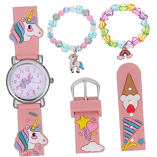 jojofuny Mädchen Uhrenarmband Satz Quarz Uhr Mit Einhorn Muster Herz Perlen Armband Silikonarmband Für Kinder Farbenfrohes Schmuck Satz Für Partys Und Alltag von jojofuny