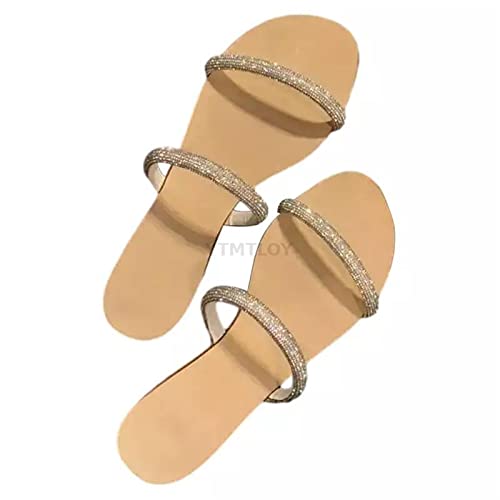 jonam Damen Sandalen Casual Flat Shoes Female Women Slides Luxury PU Bling Rubber Basic House Shoes Flip Flop(Color:Beige,Size:35 EU) von jonam