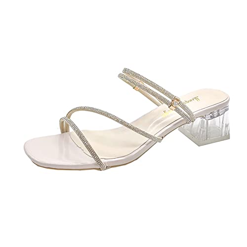 jonam Damen Sandalen Crystal Sandals Women Slippers Transparent Solid Color Sequins Middle Heel Square Heel Ladies Slippers(Size:36 EU) von jonam