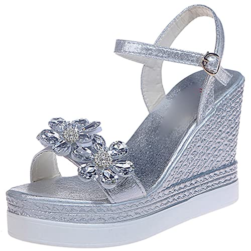 jonam Damen Sandalen Female Flower Open Toe Sandals Dress Silver Sandals Women Rhinestone Wedges Platform Party Shoes Woman(Size:33) von jonam