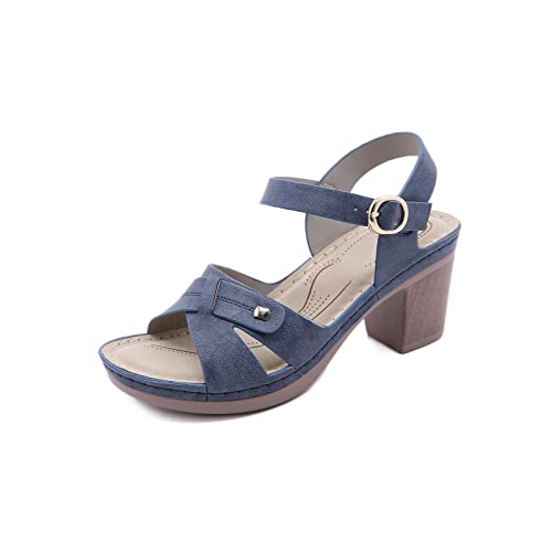 jonam Damen Sandalen High Heels Sandals Women Summer Shoes Casual Women Sandals Brand Ladies High Shoes Square Heel(Color:Blue,Size:38 EU) von jonam